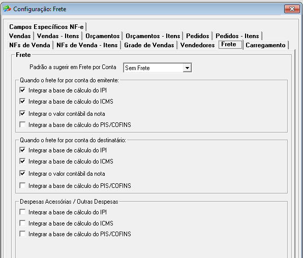 2.36.4. Guia Frete Padrão a sugerir em Frete por Conta (Sem Frete, Emitente, Destinatário): Defina a forma de frete que será sugerida no cadastro da Nota Fiscal, na guia Transporte.