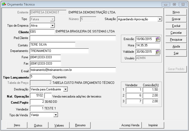 3.1.2. Orçamentos Técnico Permite criar um orçamento incluindo itens em produtos "modelos" tornando-o personalizável.