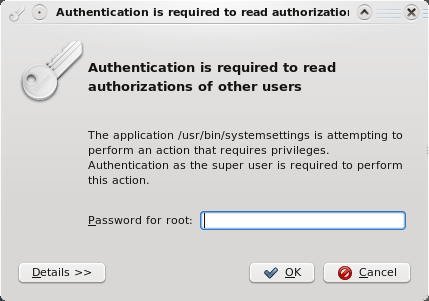 A janela de autenticação onde é solicitado ao usuário para se autenticar como um usuário administrativo, e onde o PolicyKit está configurado para usar a senha de root para