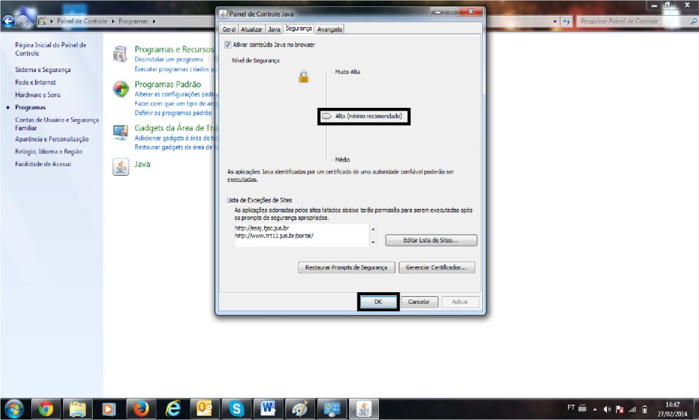 - Deixar marcado a opção: Ativar o conteúdo Java no browser Uma importante