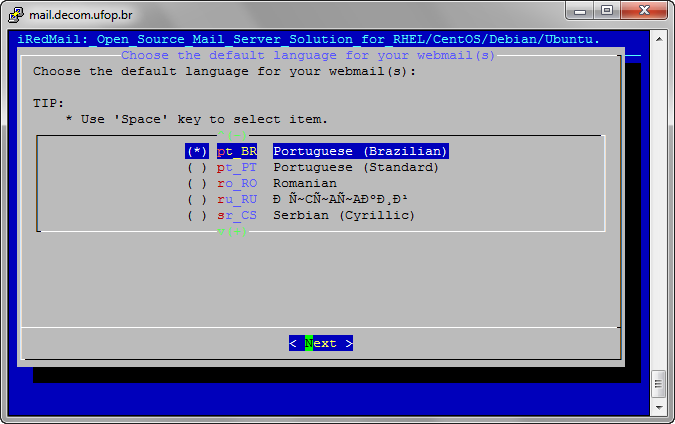 A. Documentação para instalação do servidor de e-mail 28 Figura A.21: Lista dos softwares Figura A.22: Definição do idioma do webmail Round Cube 5.