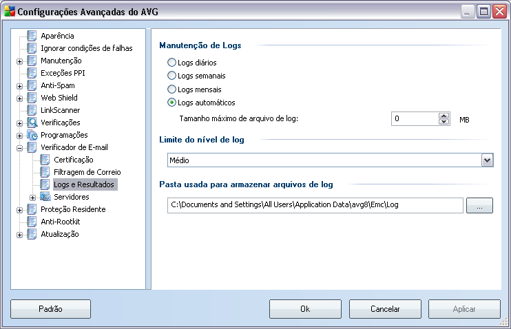 11.10.3. Logs e resultados A caixa de diálogo aberta pelo item de navegação Logs e Resultados permite especificar os parâmetros para a manutenção dos resultados da verificação de e-mail.