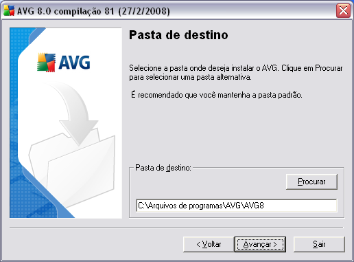 5.6. Instalação personalizada - Pasta de destino A caixa de diálogo Pasta de destino permite especificar o local de instalação do AVG.
