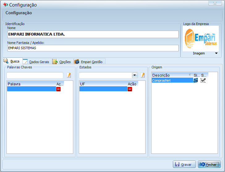 Configurar Busca de Licitações A tela de configuração é iniciada automaticamente quando você entra no sistema e ainda não foi inserido nenhuma palavra-chave.