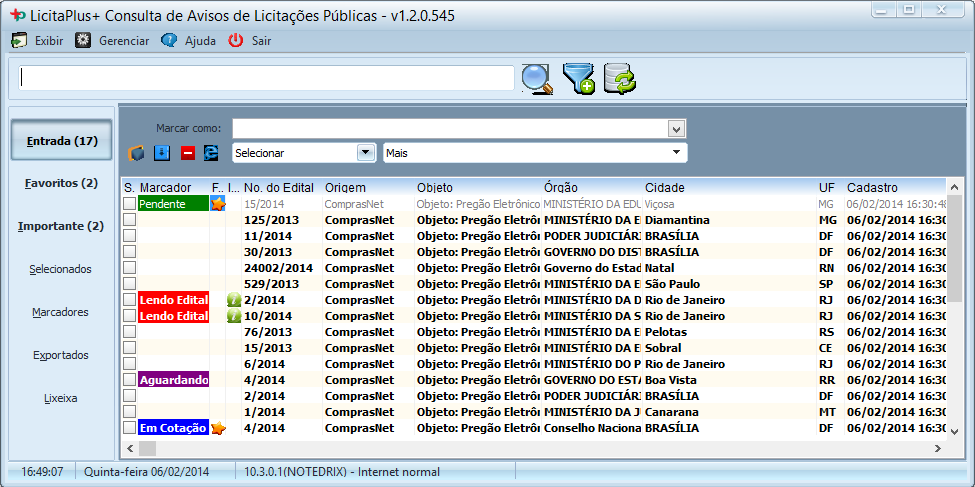 A tela principal do LicitaPlus+ A tela principal do sistema é organizado para facilitar seu dia-a-dia. Tudo foi feito para organizar os processos de busca, leitura e organização dos editais.