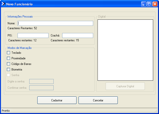 Digite os dados do funcionário. Tenha em mente que todos os dados são obrigatórios, pois estas informações são vitais para o funcionamento do REP e do software.