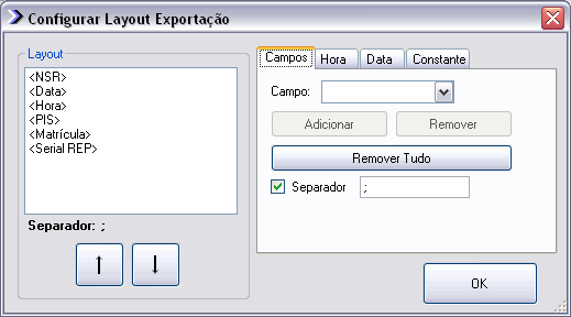 Para configurar um layout de exportação clique em Configurar Layout Exportação e a seguinte janela se abrirá: Na aba Campos é possível selecionar a informação que irá aparecer no arquivo.txt.