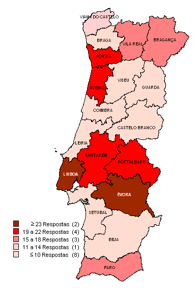 Distribuição espacial das respostas sociais por distrito, situação em 2011 O mapa da distribuição das respostas sociais destinadas a esta população-alvo mostra a sua implantação em todo o território