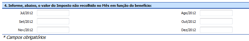 4 Informe, abaixo, o valor do imposto não recolhido no mês em função do benefício: Neste item, deverão ser informados os valores não recolhidos em decorrência da aplicação de cada um dos benefícios