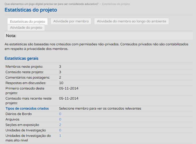 73 Figura 36: Aba de visualização de atividades por membro A figura 37 mostra as estatísticas gerais de conteúdos de um projeto de aprendizagem, como quantidade de membros do projeto, quantidade de