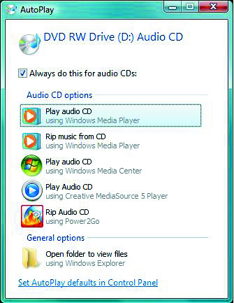 Se você inserir um CD de música quando o Windows Media Center não estiver aberto, a janela AutoPlay aparecerá e listará várias opções.