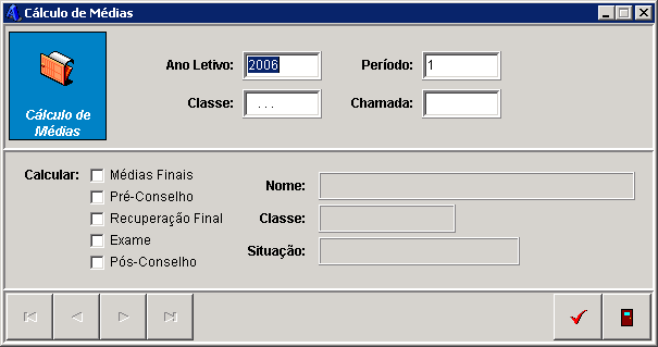 Cálculo de Médias VERIFICAR O TEXTO POIS A TELA DE CALCULO MUDOU Após a Configuração de Notas e Faltas e o lançamento das notas do último período de avaliação, devemos executar as rotinas de cálculo