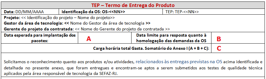 11. Preenchimento do TEP Para preenchimento pelo Gerente de Projeto da Contratada: Data Especificar a data em que a Contratada solicita a aceitação das demandas e que estão aptas a serem submetidas