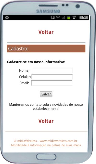 Telas da funcionalidade de Newsletter e Críticas/Sugestões: Cadastro Newsletter: - Os usuários podem se cadastrar para receber informativos do estabelecimento, os campos solicitados são nome, email e