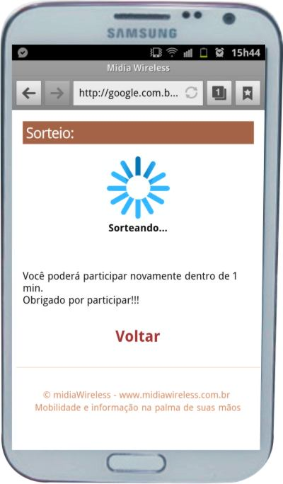 Telas da funcionalidade de sorteio de brindes: A tela da esquerda é apresentada ao usuário quando ele clicar sobre o ícone de Sorteio na página inicial.