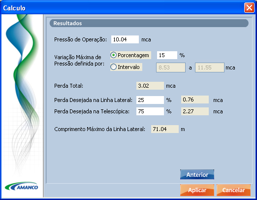 Linha Lateral (%):Entre com o valor para este cálculo e verifique o resultado `` Perda Desejada na Telescópica (%):Entre com o valor para este cálculo e verifique o resultado `` Comprimento Máximo da
