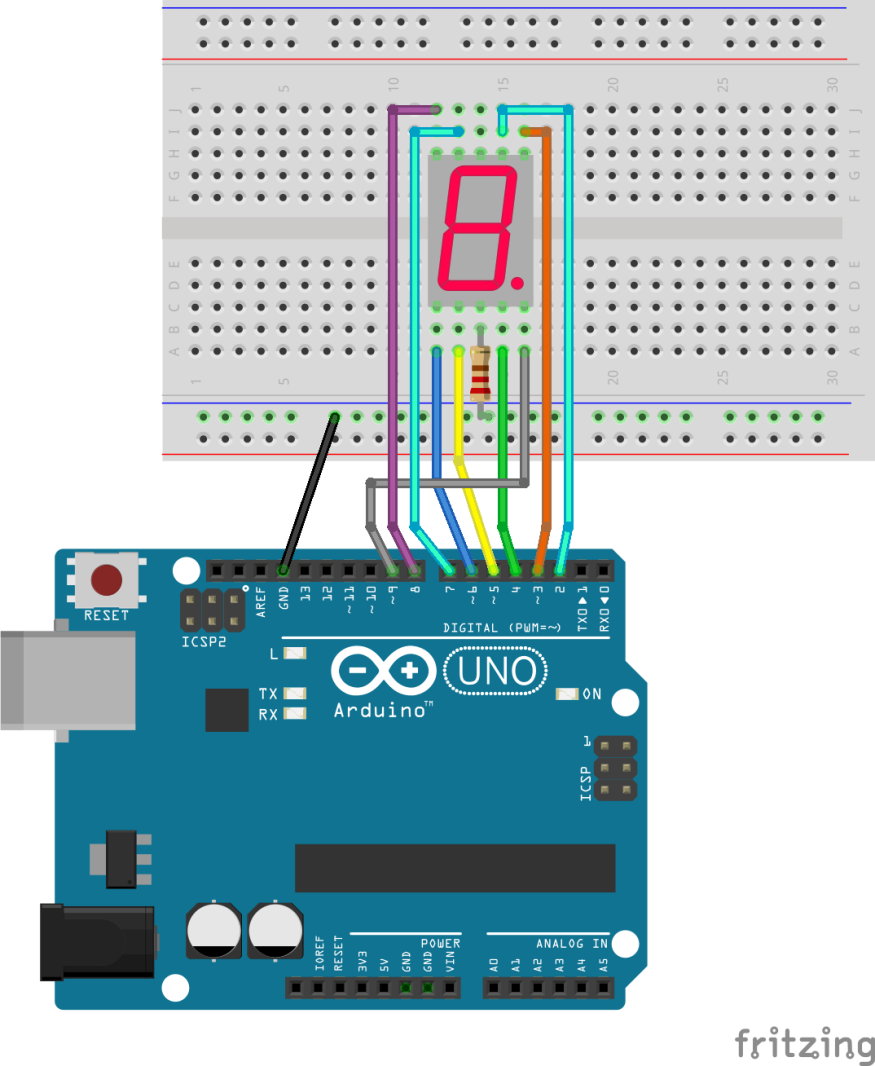 Passo 2: Montagem do circuito (Projeto 1) Acompanhar a sequência de montagem: Pino 1 (segmento e) do display ligado ao 6 do Arduino; Pino 2 (segmento d) do display ligado ao 5 do Arduino; Pino 3