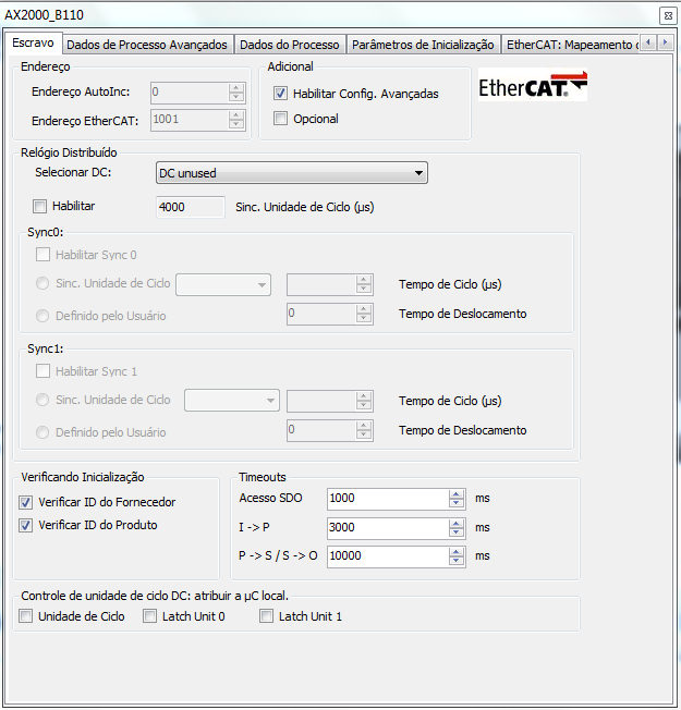 4. Configuração Figura 4-49. Diálogo de Configuração do Escravo EtherCAT Configuração do Dispositivo Endereço AutoInc Endereço EtherCAT Habilitar Config.