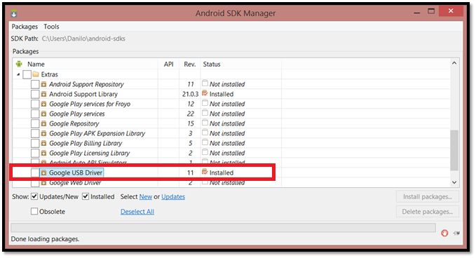 EXECUTANDO O APLICATIVO EM UM DEVICE REAL O passo seguinte é instalar no computador o componente USB Driver. Este é necessário para o debug no aparelho.