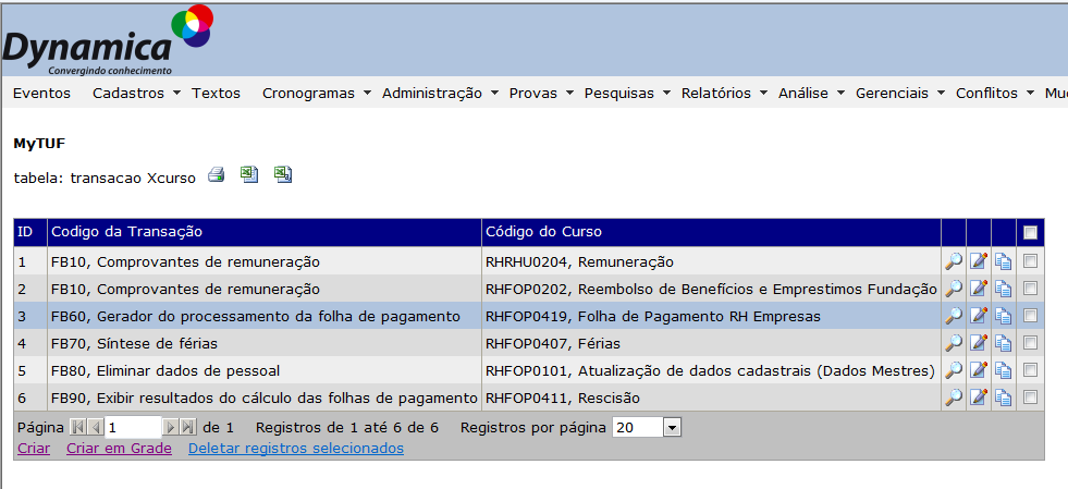 3.3 Relacionamentos 3.3.1 Relacionamentos de Transação x curso Clique em Cadastros > Relacionamentos > Transação x curso Clique no link Criar Nesta tela você pode criar