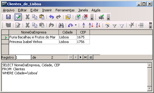 Se quiséssemos consultar as informações dos clientes de Lisboa, por exemplo, teríamos que escrever a seguinte consulta: SELECT NomeDaEmpresa, Cidade, CEP FROM Clientes WHERE Cidade='Lisboa'
