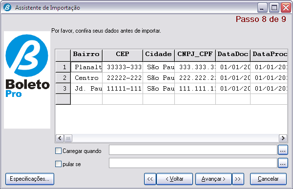 Assistente de Importação [Passo 8 de 9], confira os dados antes de