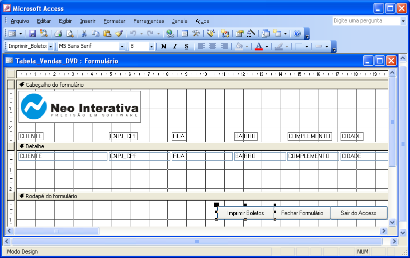 Tela demonstrativa do Formulário de Dados em Modo Design Botão criado Para atribuir a função ao botão de importar e imprimir os boletos da Tabela de Vendas de DVD utilizando o Boleto Pro, dê um