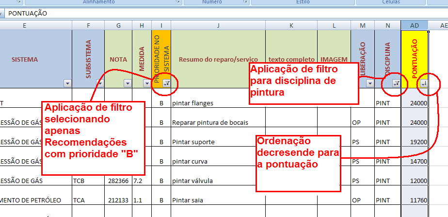 51 Figura 21: Aplicação de filtros e ordenação para orientação em serviços de pintura Fonte: primária Outra aplicação de filtros interessante para o planejamento de manutenção é a possibilidade de