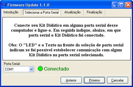 Essa é apenas uma tela de introdução, no entanto ela apresenta uma informação importante, a de que todos os programas que possam estar utilizando a porta serial, onde o Kit que será atualizado está