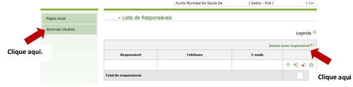 3º passo: Clique em GERENCIAR USUÁRIOS e na sequência em INSERIR NOVO RESPONSÁVEL Ao selecionar esta opção será apresentado um formulário para inserção dos dados do gestor local responsável pela