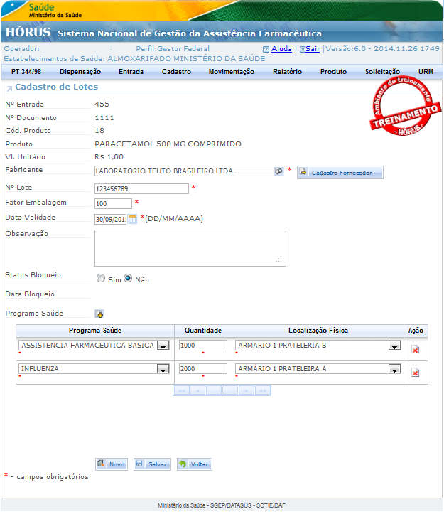 Finalize o registro dos dados do lote, clicando em Salvar. Os lotes registrados aparecem abaixo dos dados do produto, em forma de tabela.