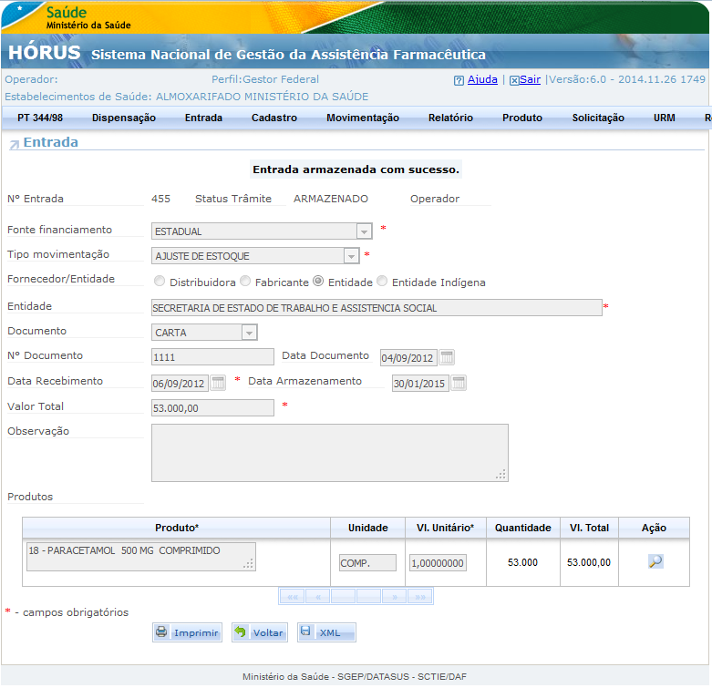 Observe que o status foi alterado para Armazenado, o que indica que a partir desse momento os produtos estarão disponíveis para