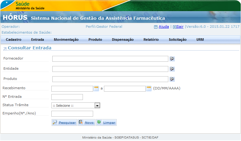 1. Entrada Produto Ao acessar a funcionalidade, o sistema apresentará uma tela que permite consultar as entradas já registradas.