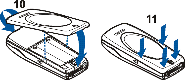 5. Feche o suporte do cartão SIM (7) e (8). 6. Substitua a bateria (9). 7.