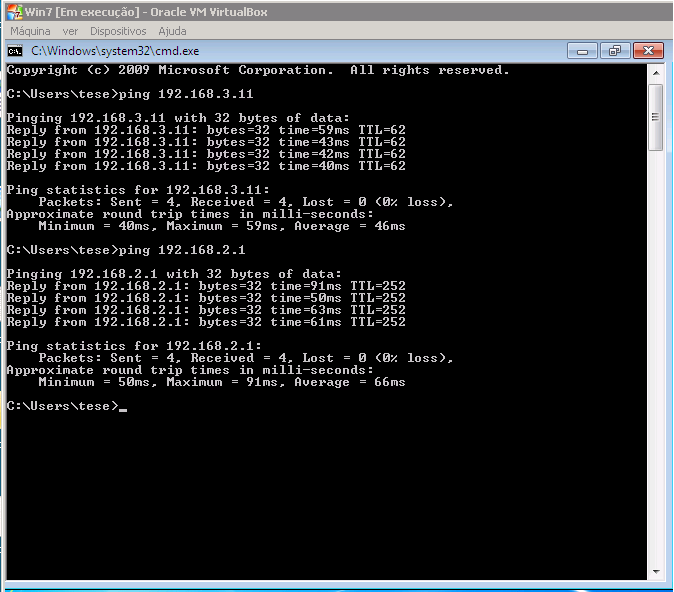 Objetivos Alcançados Figura 46 - Pings entre os computadores inseridos no cenário Para além dos computadores, também as máquinas virtuais conseguem comunicar com outros nós virtuais e com o router do