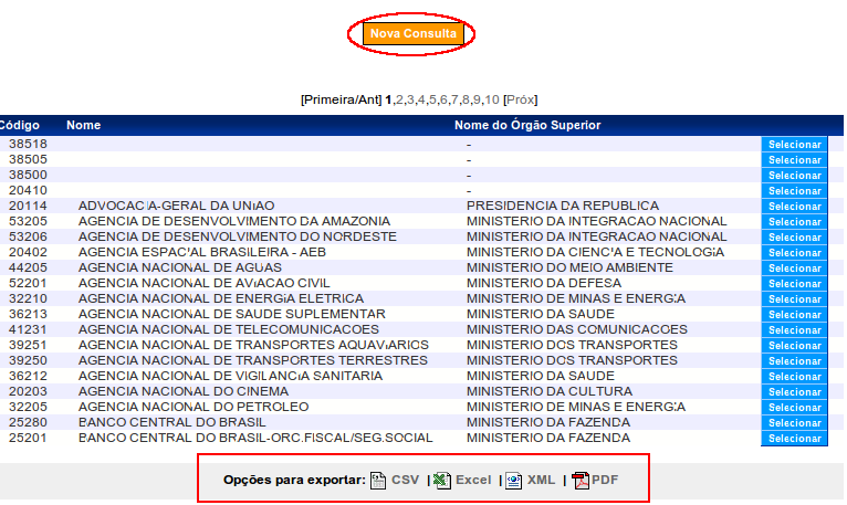 Figura 6 O sistema disponibilizará o código, nome, nome do órgão superior e o botão Selecionar, ou seja, todos os órgãos que tenham programas disponibilizados.