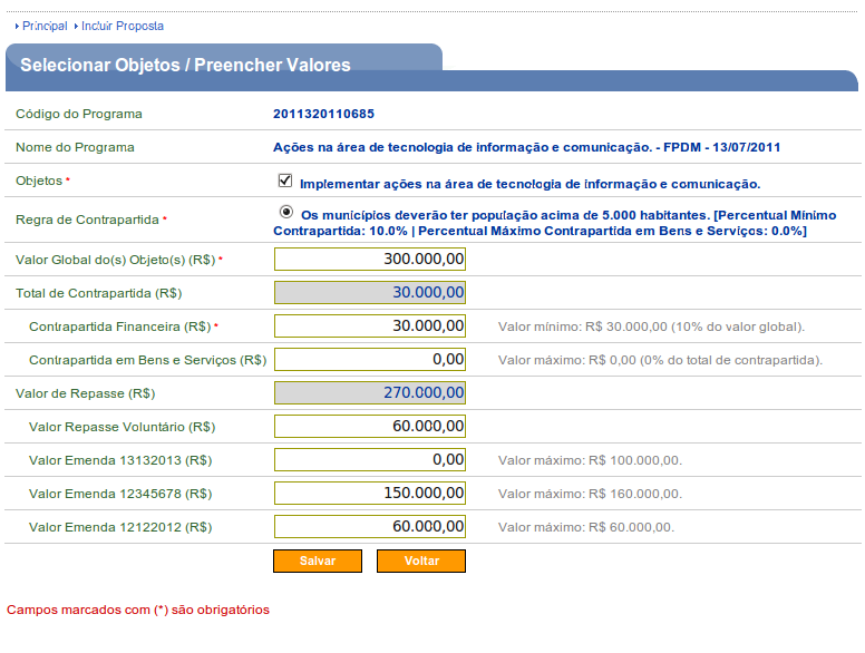 Figura 66 O sistema exibirá tela, com o campo Valor Global do(s) Objeto(s) (R$)