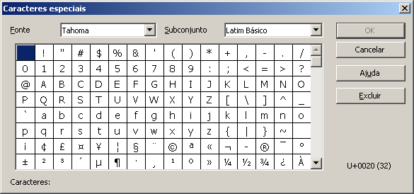 Para selecionar uma opção, basta clicar sobre uma delas que automaticamente será inserida na apresentação. Campo data 9 Caracter especial Insere, em uma caixa de texto, um caracter especial.