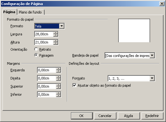 Página Possibilita configurar manualmente o formato do texto de acordo com o tamanho da folha utilizada na impressão e as configurações que preferir, ou escolher uma configuração pré-definida pelo