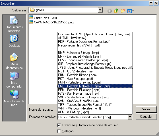 Escolha a opção de XHTML. No campo Nome do arquivo digite o nome do arquivo e depois clique em Exportar. Em seguida o arquivo será exportado. Exportar imagens Faz a exportação de objetos como imagens.