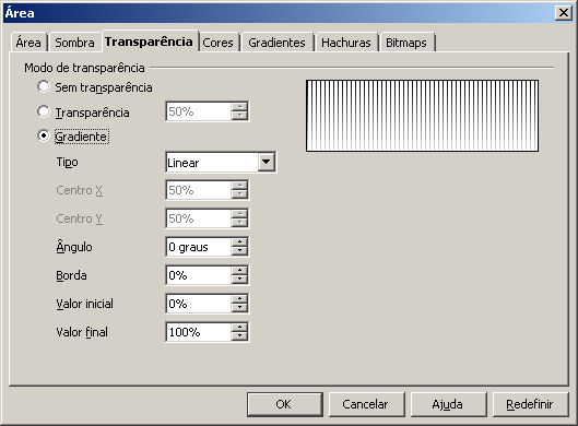 9 Área Configura a área de sua página e possui os seguintes recursos: Área Faz a definição de cores e tipo de cores (hachurado, gradiente e bitmap) dos objetos a serem