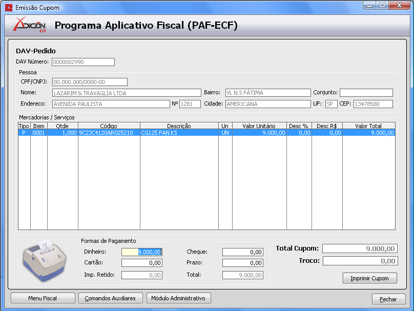 Formas de Pagamento Após seleção do número do DAV e conferência dos dados, clique sobre o botão IMPRIMIR CUPOM FISCAL, será apresentada uma nova janela: É possível editar as formas de pagamento das