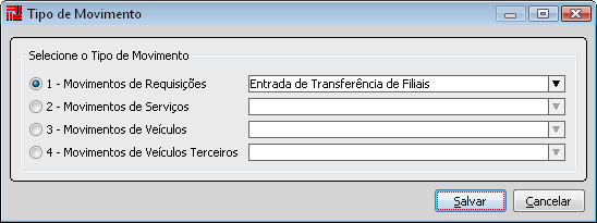 Selecione primeiramente se o movimento será de requisições, serviços, veículos ou veículos terceiros, uma caixa à frente do movimento será habilitada, clique nela para selecionar qual o tipo de