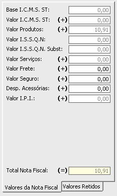 Tributação Valores da Nota Fiscal Base I.C.M.S. ST: Caso exista, digite o valor da Base de I.C.M.S. ST total. Valor I.C.M.S. ST: Digitando o valor da Base de I.C.M.S. ST, digite neste campo o valor do I.