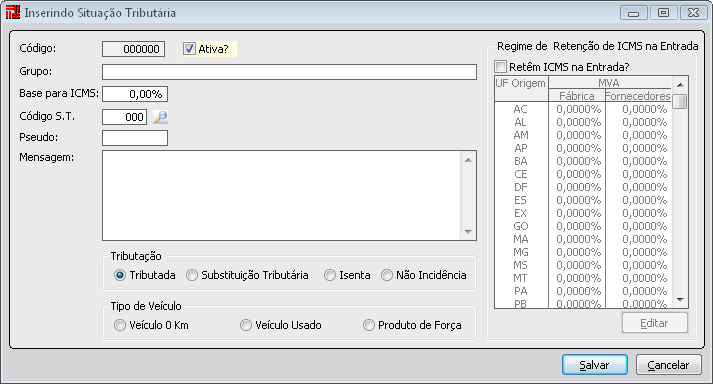 Na edição da situação tributária, selecione Retêm I.C.M.S. na Entrada e informe o percentual da Margem de Valor Agregado para entradas de outros fornecedores e entrada da fábrica do estado de origem.