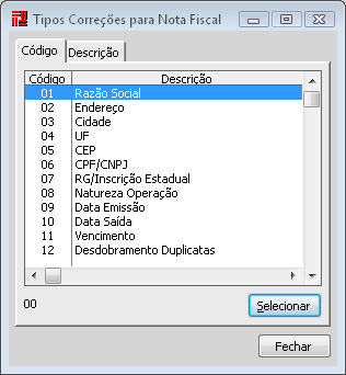 Em Código Correção, informe o que será corrigido na nota fiscal.