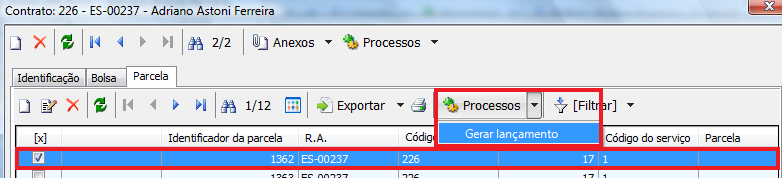 Resumindo: Para o contrato 226 do aluno: Adriano Astoni Ferreira Existem 3 bolsas cadastradas para a Parcela inicial = 1 e final =1 Bolsa 1 ( Somar Bolsas ) Classificação Somar Bolsas que tem ordem 1.