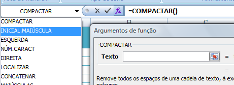 Manual Microsoft Excel COMPACTAR (TRIM) Esta função retira os espaços inadequados entre, antes ou depois do texto, deixando apenas um espaço entre as palavras. 1.