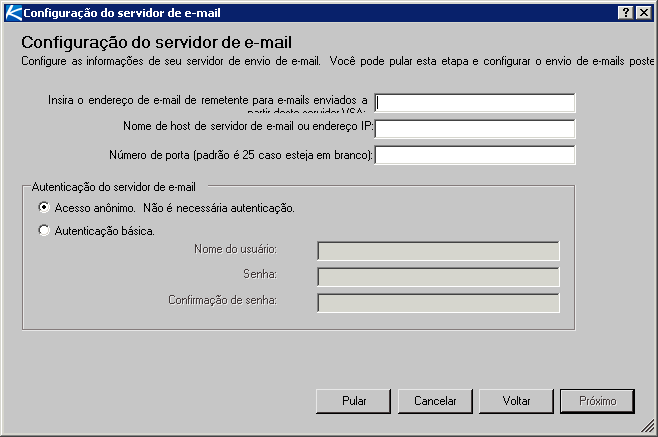 Instalação passo a passo 15. Defina as configurações do servidor de e-mail. Esta página não exibe atualizações. Especifique as informações do servidor de saída de e-mail.