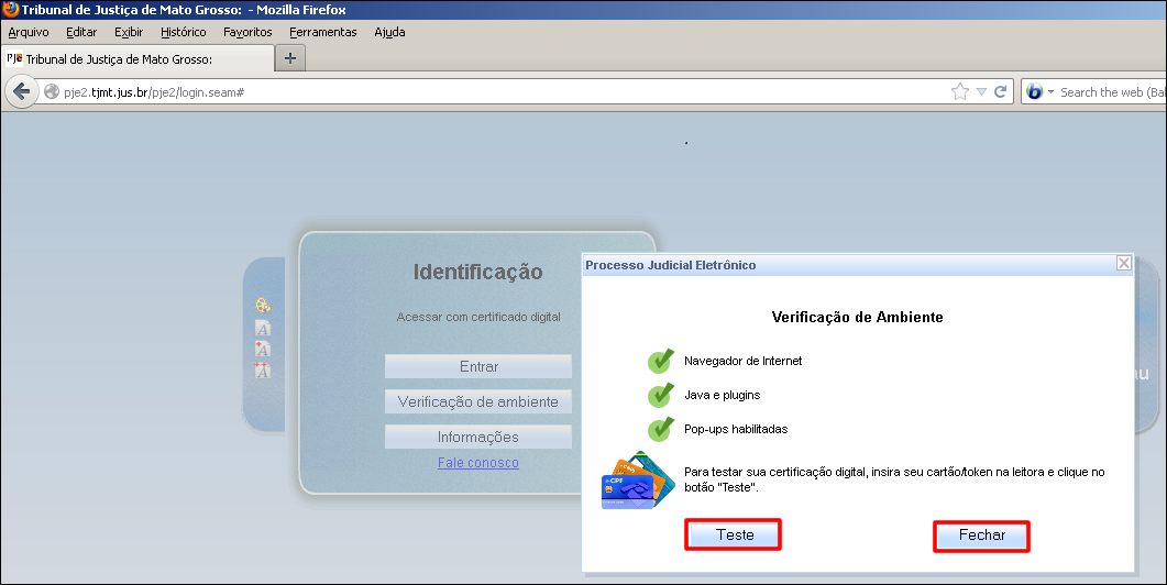Este formulário também possui um botão para testar se o seu certificado digital está corretamente instalado.